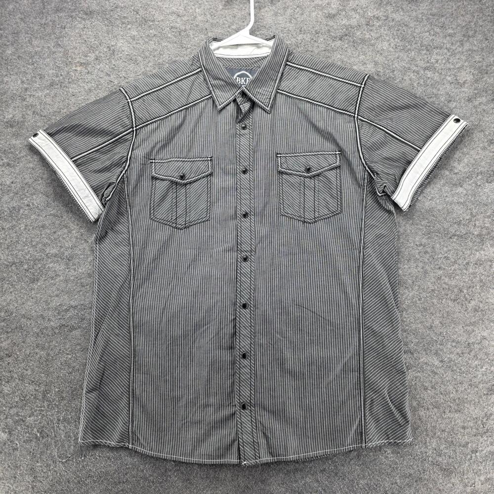 BKE Shirt Mens L Gray Striped Short Sleeve Button Up Athletic Fit Casual